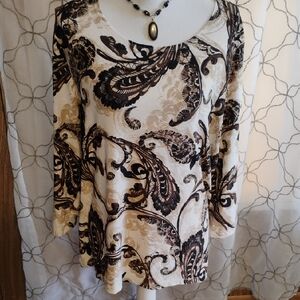 JM Collection Cream and Brown Paisley Long Sleeve Top